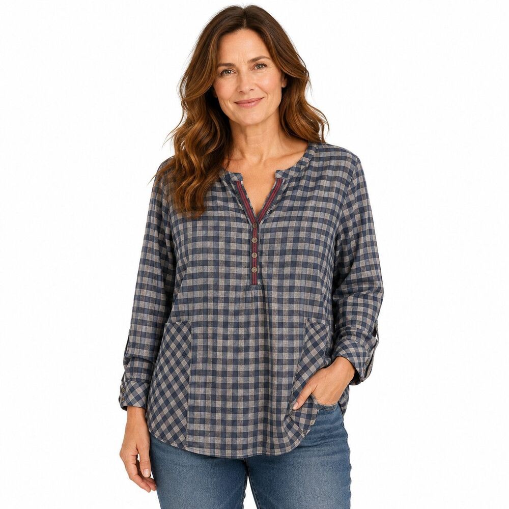 J Jill Tunic Blouse Womens Large Blue Check Flannel Henley Long Sleeve Top